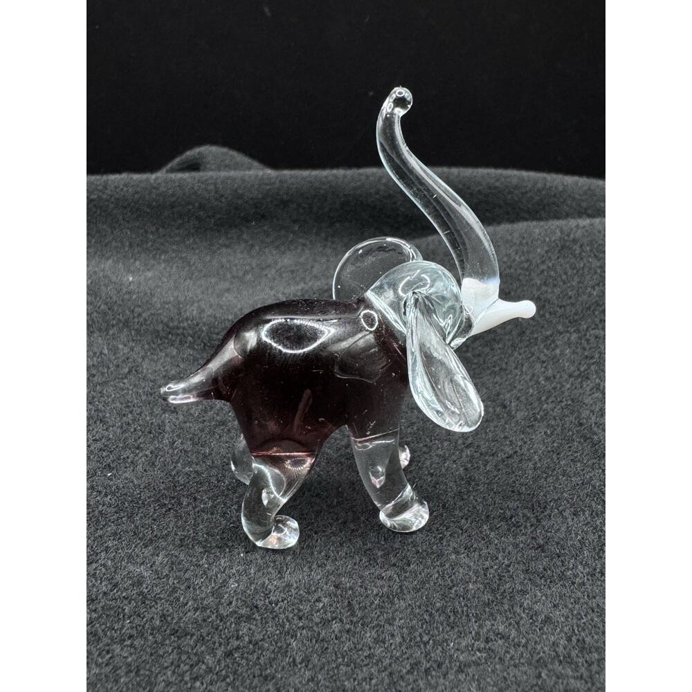 Handblown Glass Murano Style Clear Purple Elephant Sculpture Figurine Trunk Up